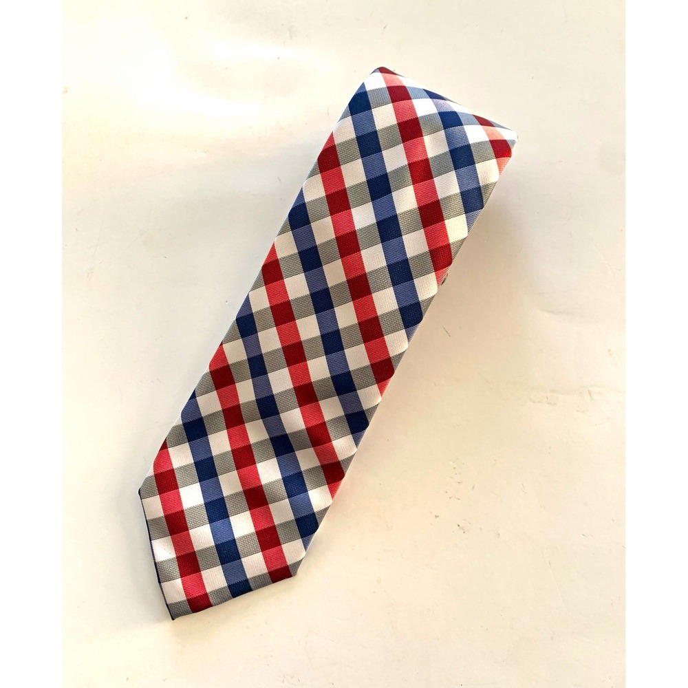 Chaps Mens Necktie Red White Blue Gray Plaid Check Polyester 57" Classic Tie